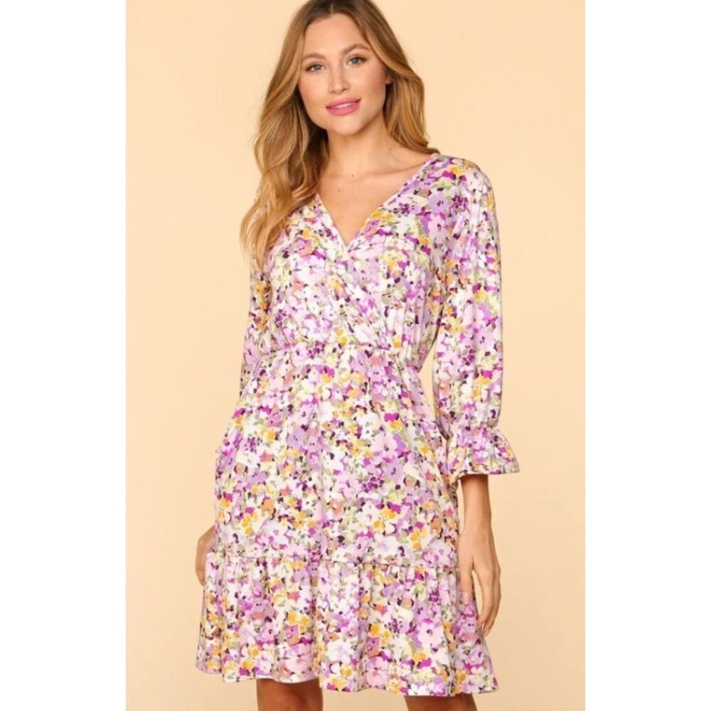 NEW NWT Floral Sz XL Soft Stretchy Tiered Knee Length Dress Side Pockets HAPTICS
